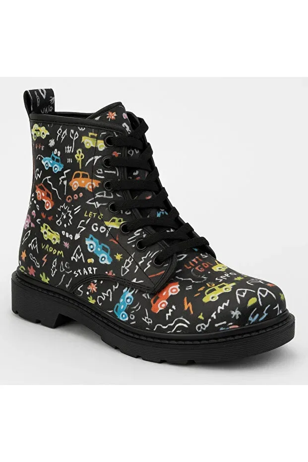 Детские ботинки для девочек с принтом Unisex patterned winter children's boots zippered lace-up comfortable and flexible soled daily black boots Zilvana, Multicolor