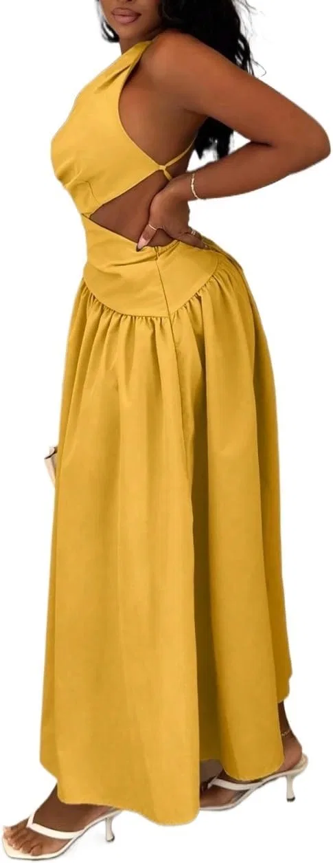 Женское элегантное длинное платье на бретельках с вырезами, Yellow — фото 4