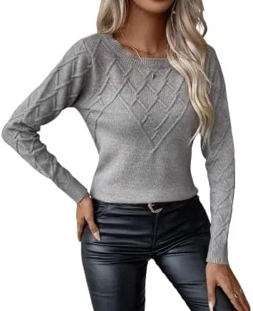 Женский свитер с круглым вырезом, с длинным рукавом, Argyle Knit, серый