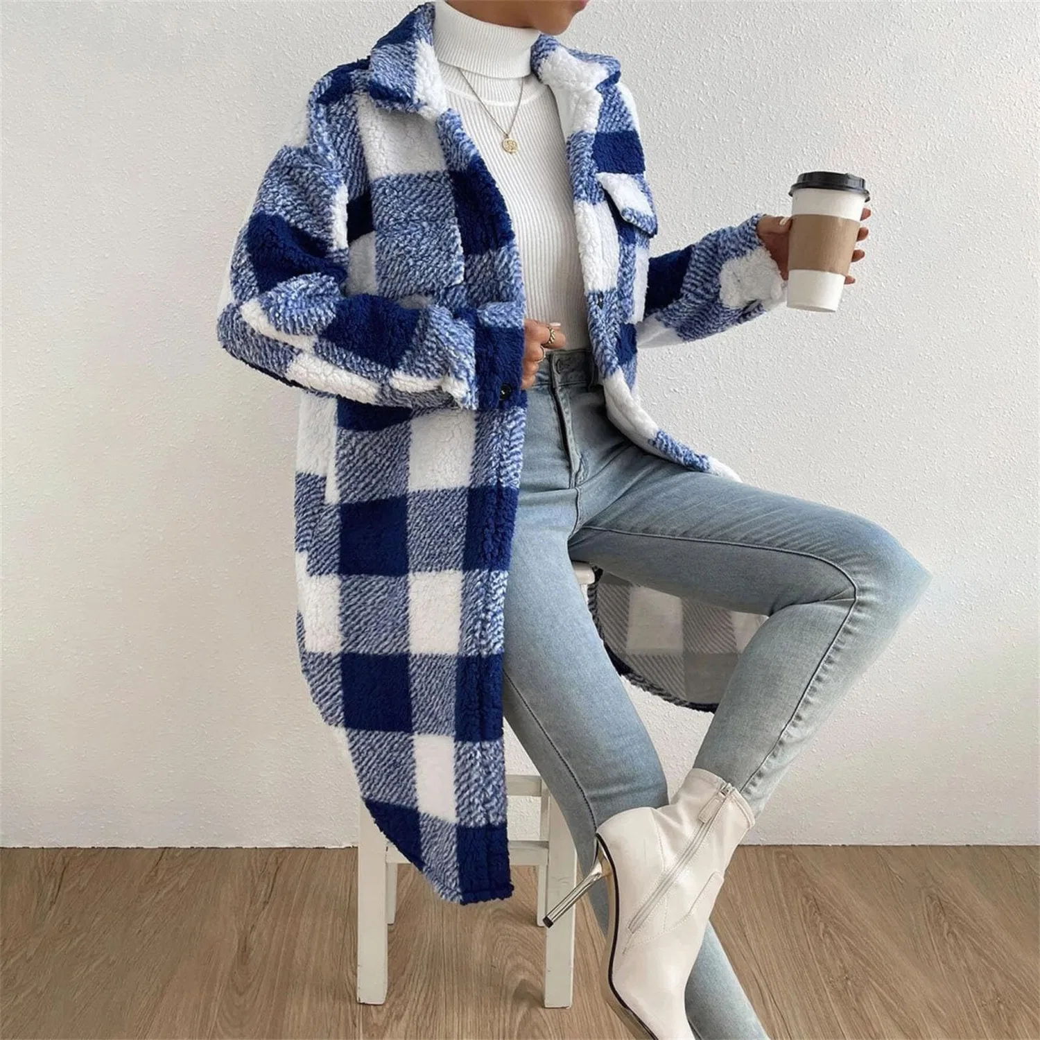 Женское зимнее пальто с принтом Padded Cardigan Men's Winter Plaid Lapel Coats Lapel Coat Down Collar Chunky Cardigans for Women UK Single Breasted Coat Trench Coats Women, Blue — фото 4