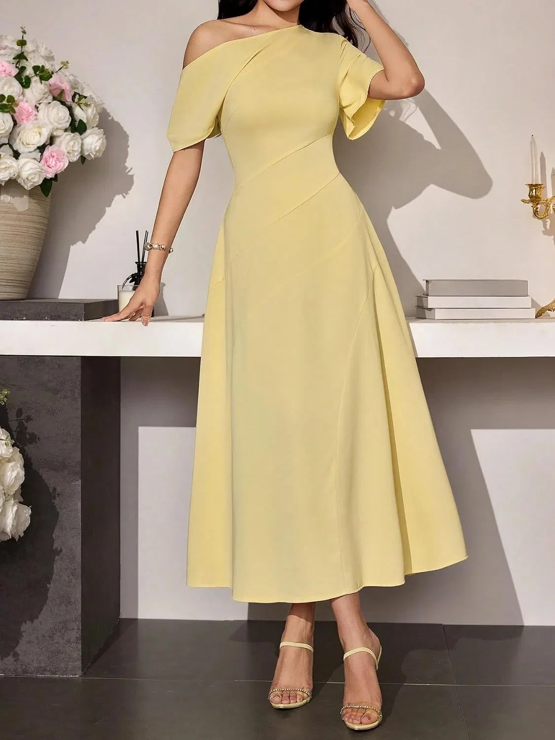 Женское повседневное платье миди с асимметричной талией, Yellow — фото 2