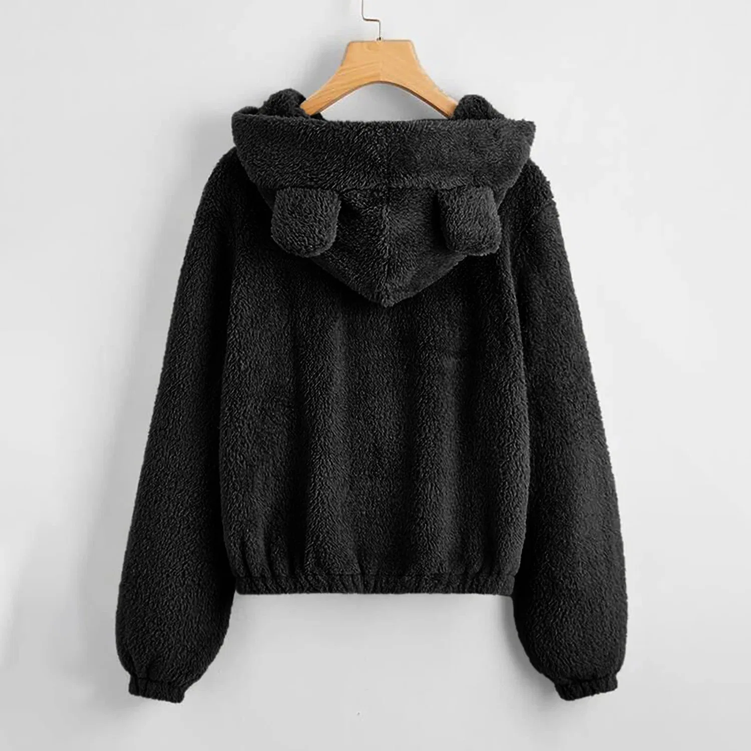Женская куртка с капюшоном из флиса на молнии Oversized Solid Color, Nero — фото 2