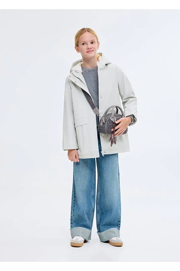 Детское пальто для девочек с капюшоном Mango Kids, Sky Blue — фото 2