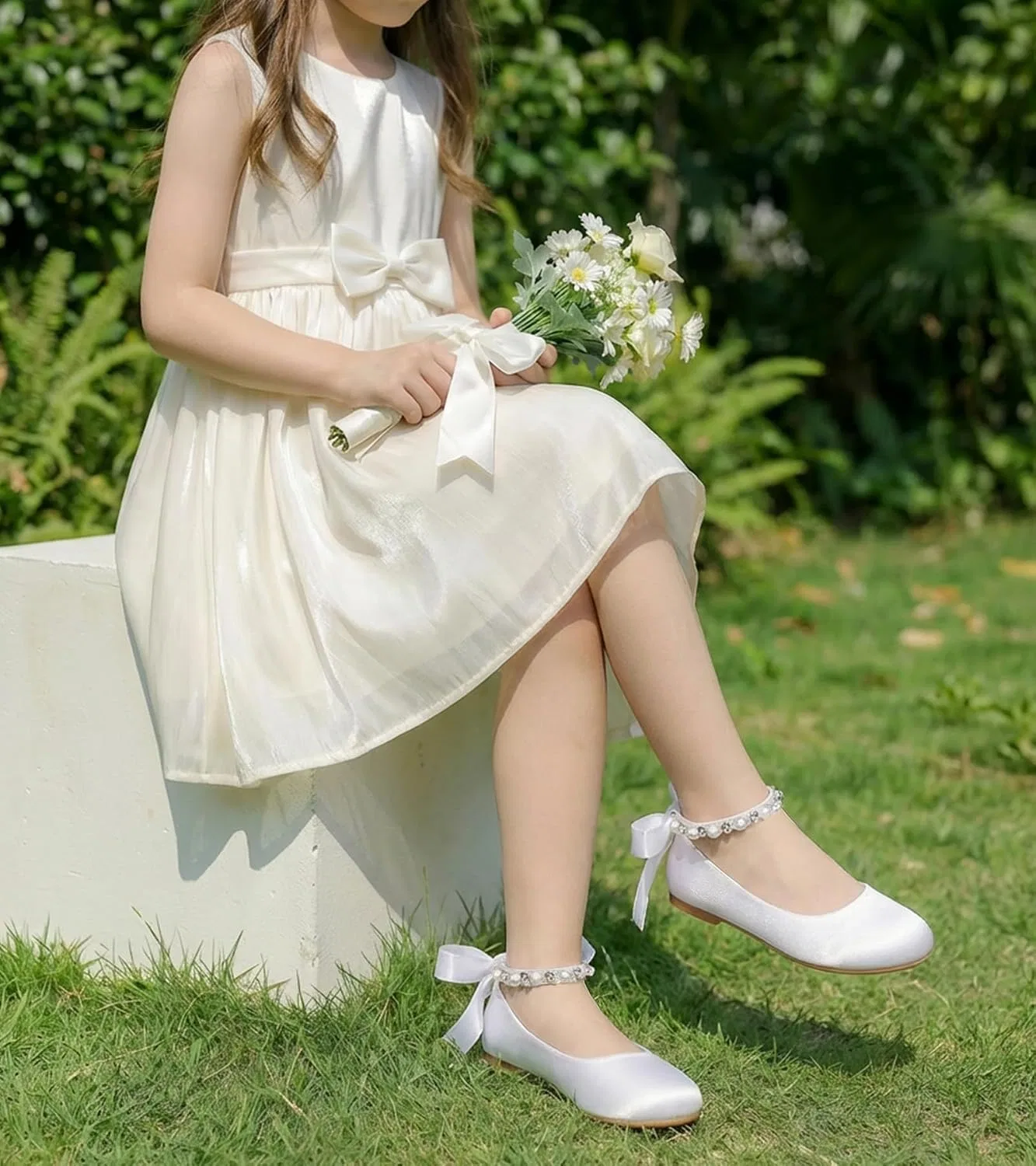 Детские балетки для девочек с принтом цветов Mary Jane Flats KDVOG, White Satin — фото 3