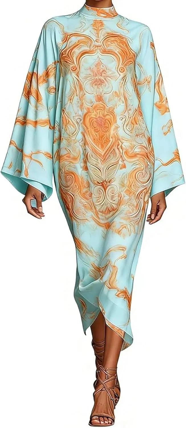 Женское платье-макси с принтом, Turtleneck Bell Sleeve Maxi Dress, синий/красный