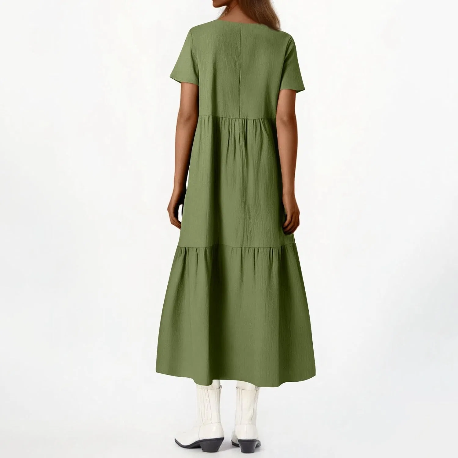 Женское платье макси свободного кроя с V-образным вырезом, Dark Green — фото 4