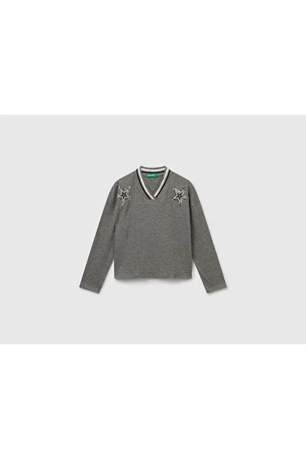 Детский лонгслив для девочек с вышивкой пайетками United Colors Of Benetton, Gray