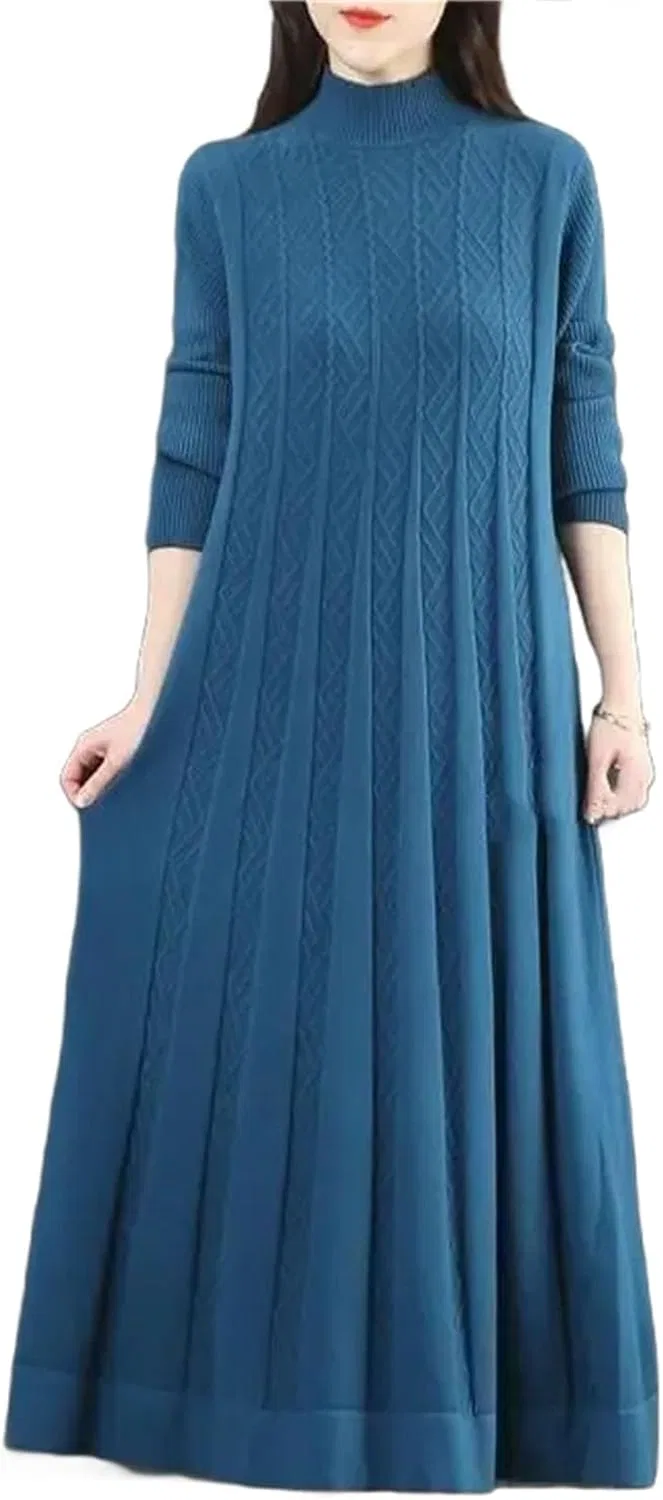 Женское длинное вязаное платье свободного кроя с высоким воротником, Blue