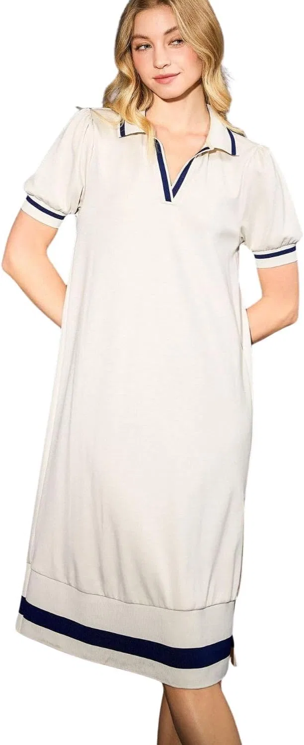 Женское платье с контрастной отделкой Side Slit Contrast Trim Short Sleeve, Cream