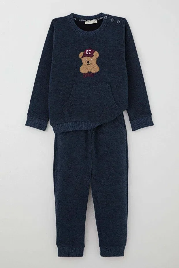Детский спортивный костюм для мальчиков с принтом Boy'S tracksuit set with cute hat and teddy bear figure embroidery Breeze, Navy Blue Melange — фото 3