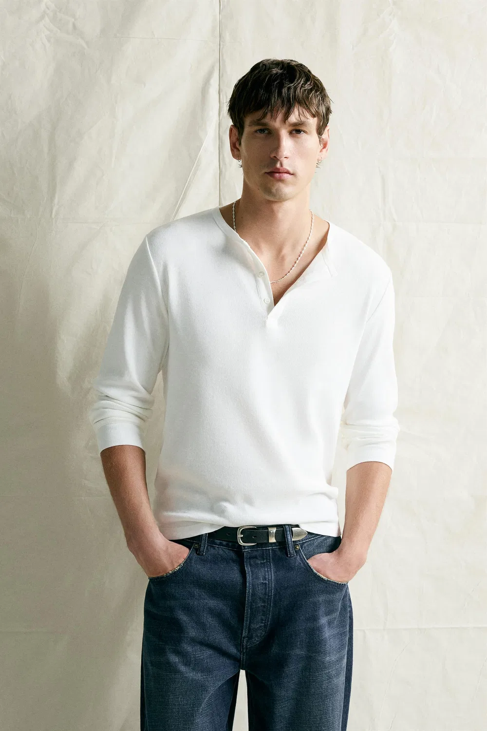 Хлопковая/льняная футболка Henley ZARA, White — фото 2