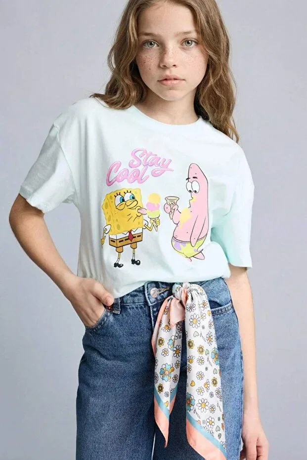 Детская футболка для девочек с принтом Spongebob Oversized Crew Neck Short Sleeve T-Shirt For Girls Defacto, Turquoise-Tr143