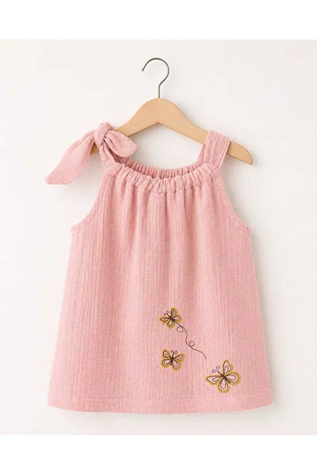 Детское платье для девочек хлопковое Butterfly Embroidered Summer Muslin Kidsense, Dark Pink — фото 3