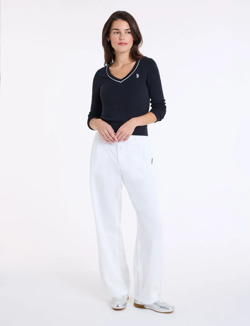 Женский лонгслив U.S. Polo Assn. Rib Pipe V-Neck T-Shirt, черный — фото 2
