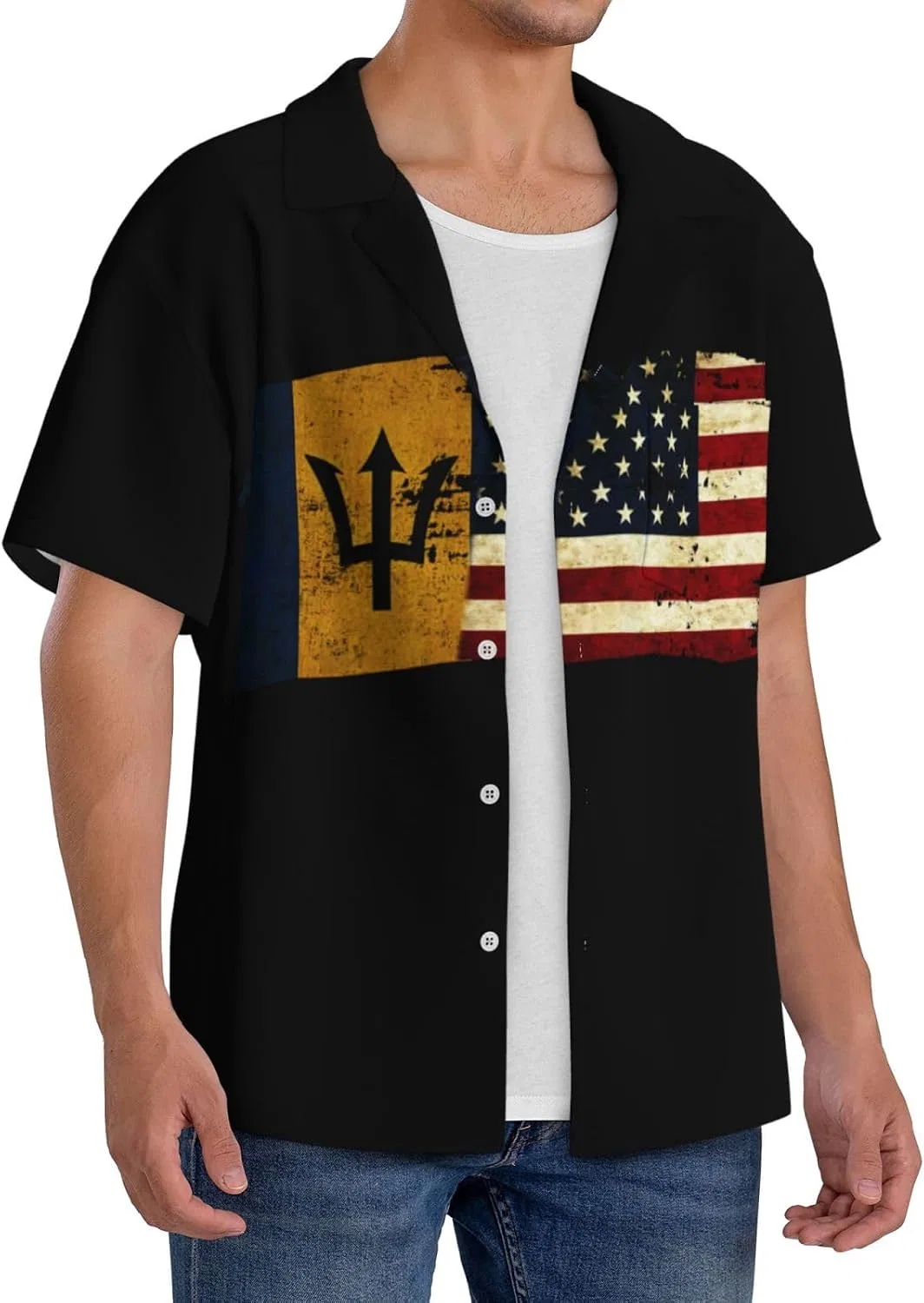 Мужская повседневная рубашка с коротким рукавом Cuba воротник Barbadians America Flag, Black — фото 2