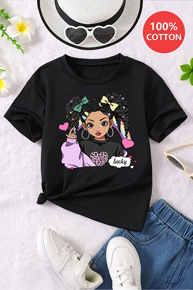 Детская футболка для девочек с принтом Premium lucky baby girl printed trend Myada, Black