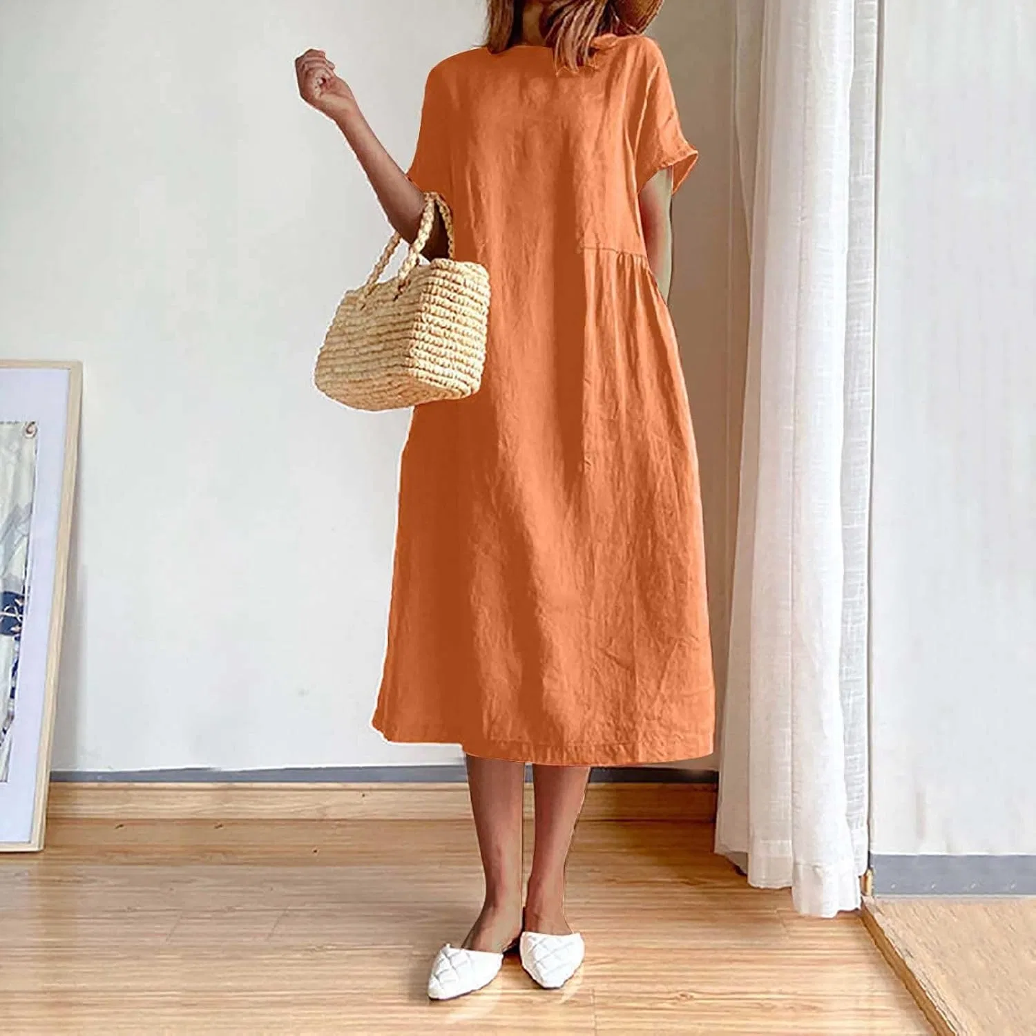Платье-миди свободное из хлопка и льна, Orange — фото 2