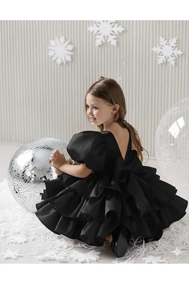 Детское платье для девочек с коротким рукавом-фонарик Asel Kids, Black — фото 2