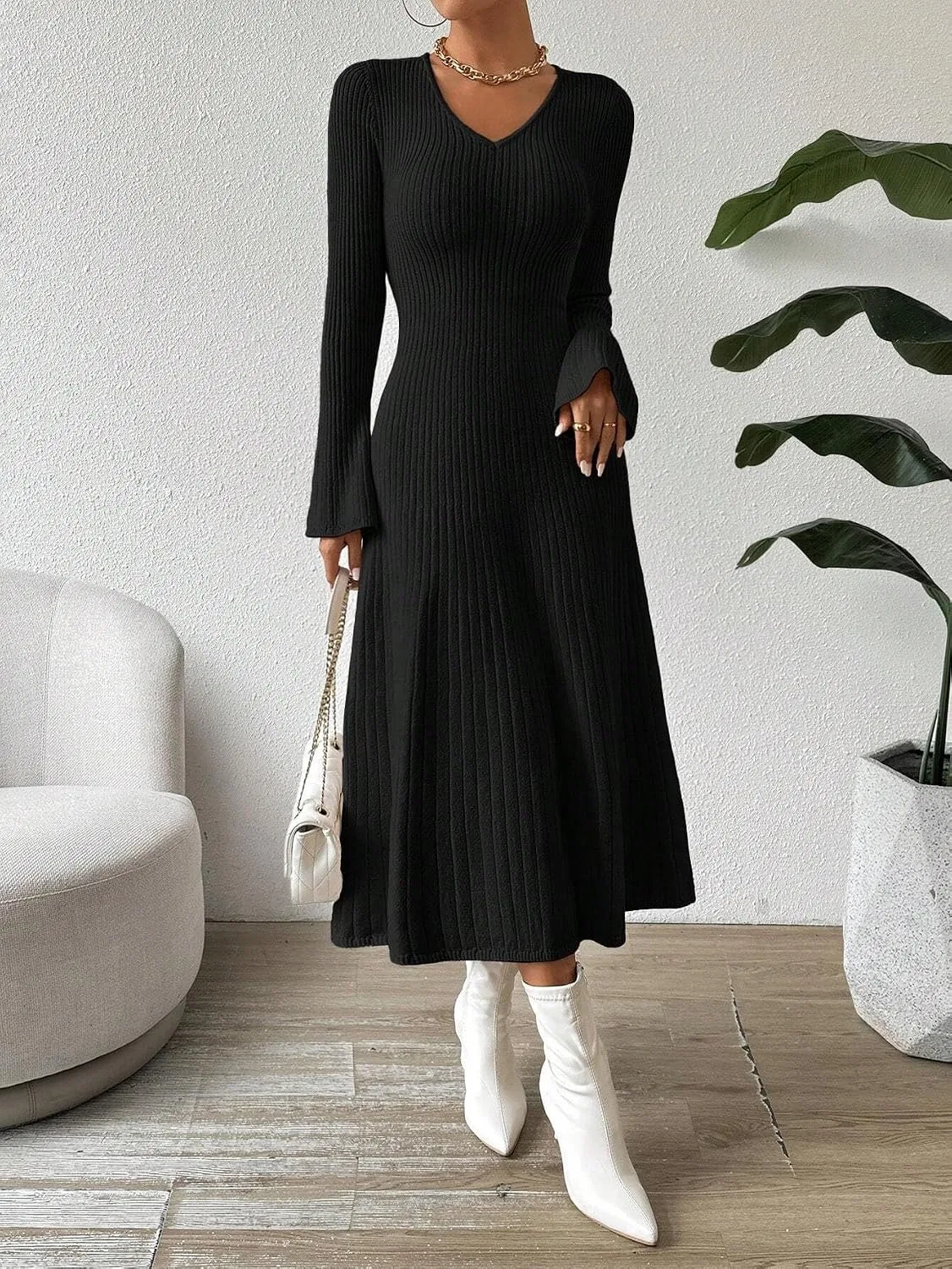 Женское платье с V-образным вырезом Knit, Black — фото 2