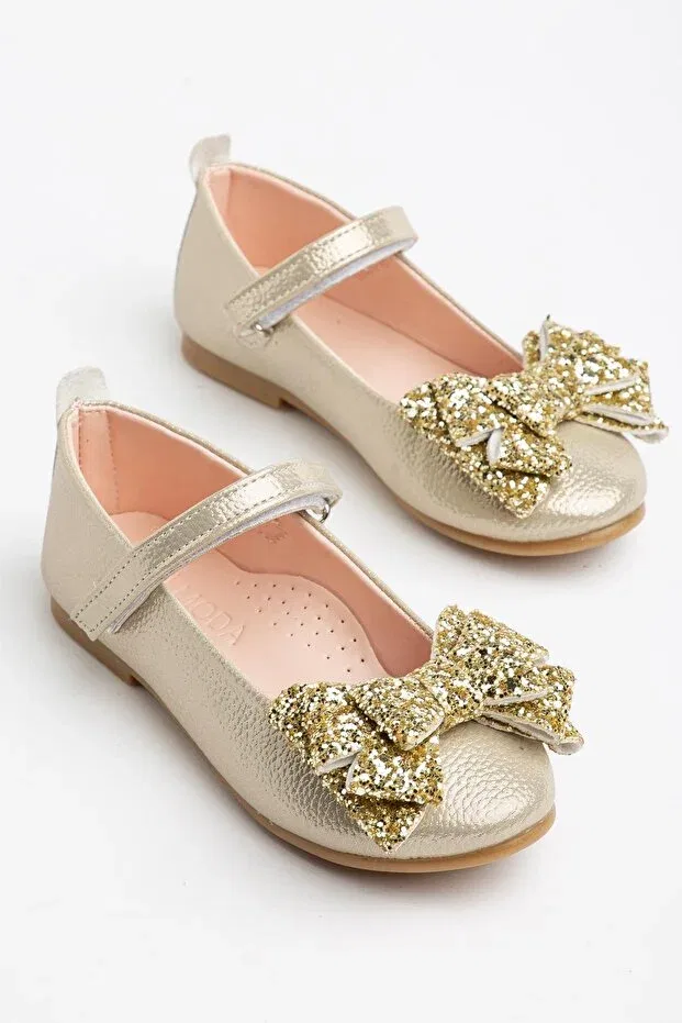 Детские балетки для девочек с бантом Orthopedic sole bowknot casual girls' ballerinas Pabuçland, Gold — фото 2