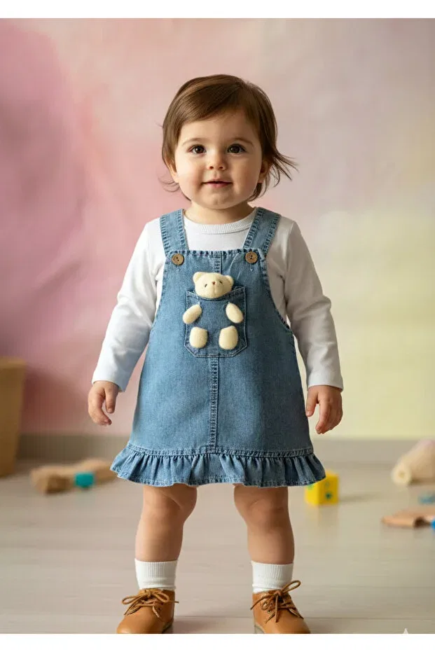 Детский комплект платьев из денима Teddy bear jean dress 2-piece set Lisaloom, Blue