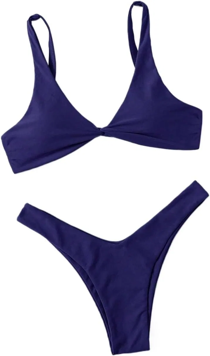 Женский купальный костюм с высокой талией Twisted Bikini Set, Navy Blue