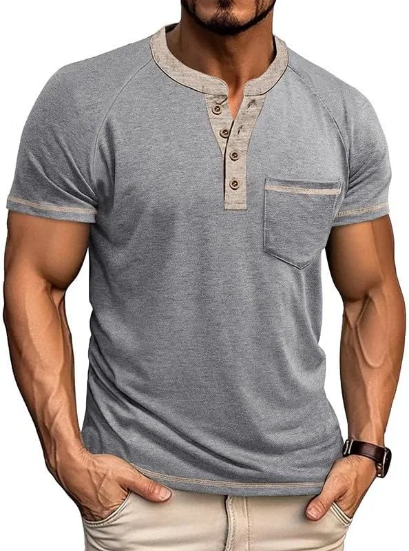 Мужская хлопковая футболка-поло с карманом Henley, Gray