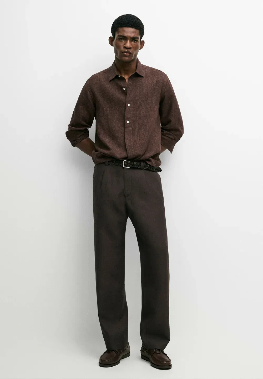 Рубашка из 100% льна, прямого кроя, с пуговицами Massimo Dutti, Dark Brown — фото 2