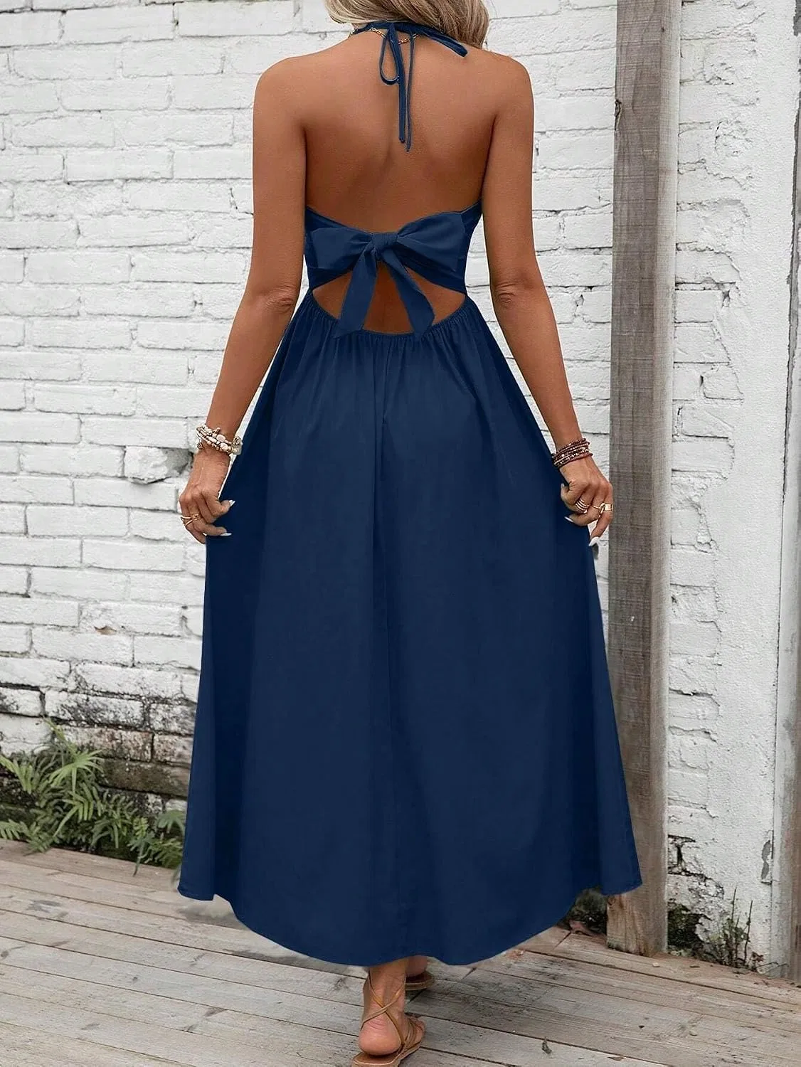 Женское летнее платье-макси на бретелях-халтер с открытой спиной, Navy Blue — фото 2
