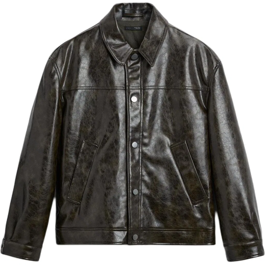 Мужская куртка из кожи с длинным рукавом ZARA, Black