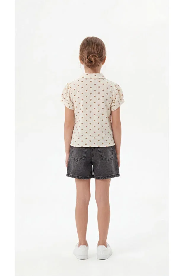 Детский комплект для девочек с принтом All Over Heart Printed Bowknot Mışıl Kids, Beige — фото 4