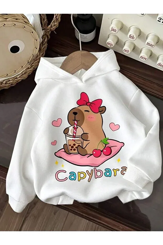Детское худи для девочек с принтом Cherry Capybara Morning Kids, White