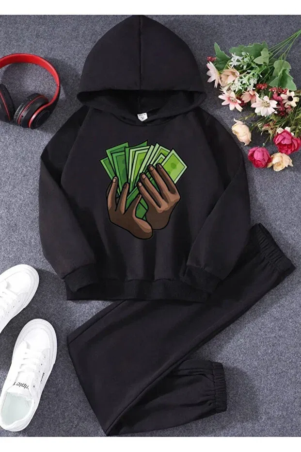 Детский комплект спортивного костюма с принтом Money Printed Topçu, Black