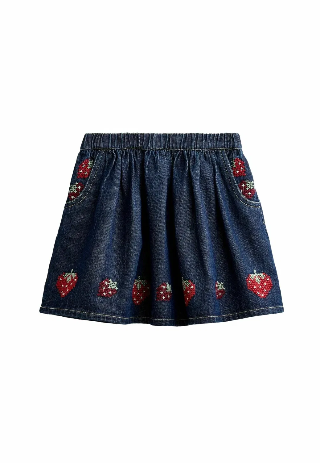Джинсовая юбка с вышивкой крестиком - юбка А-силуэта Jojo Maman Bébé, Denim Blue Strawberry