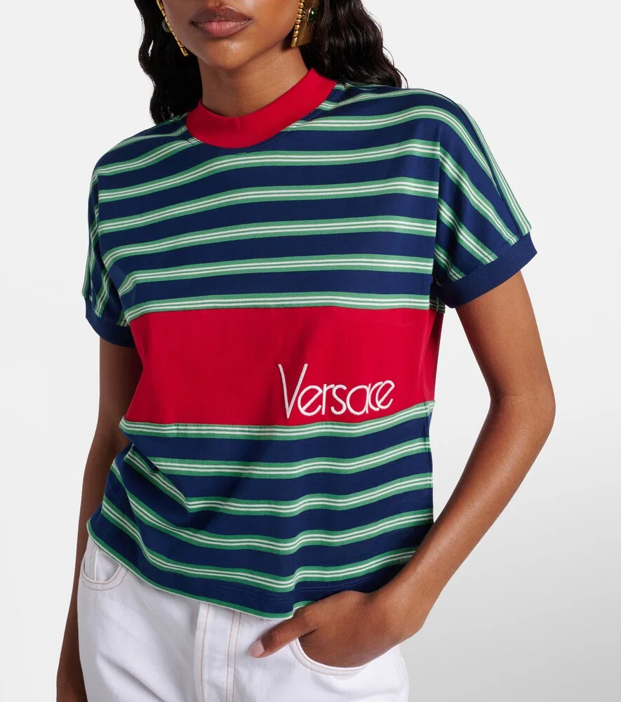 Хлопковая футболка в полоску с вышитым логотипом Versace, мультиколор — фото 2