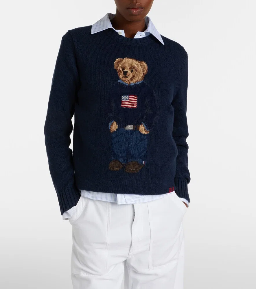 Хлопковый и льняной свитер Polo Bear с интарсией Polo Ralph Lauren, синий — фото 2