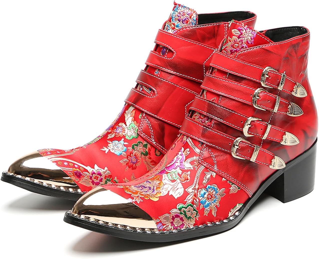 

Мужские повседневные ботинки Santimon - западного стиля до щиколотки, из натуральной кожи с металлическим острым носком, пряжкой и ремешком, ковбойские ботинки с цветочной вышивкой для сценических выступлений, вечеринок и свадеб, красный