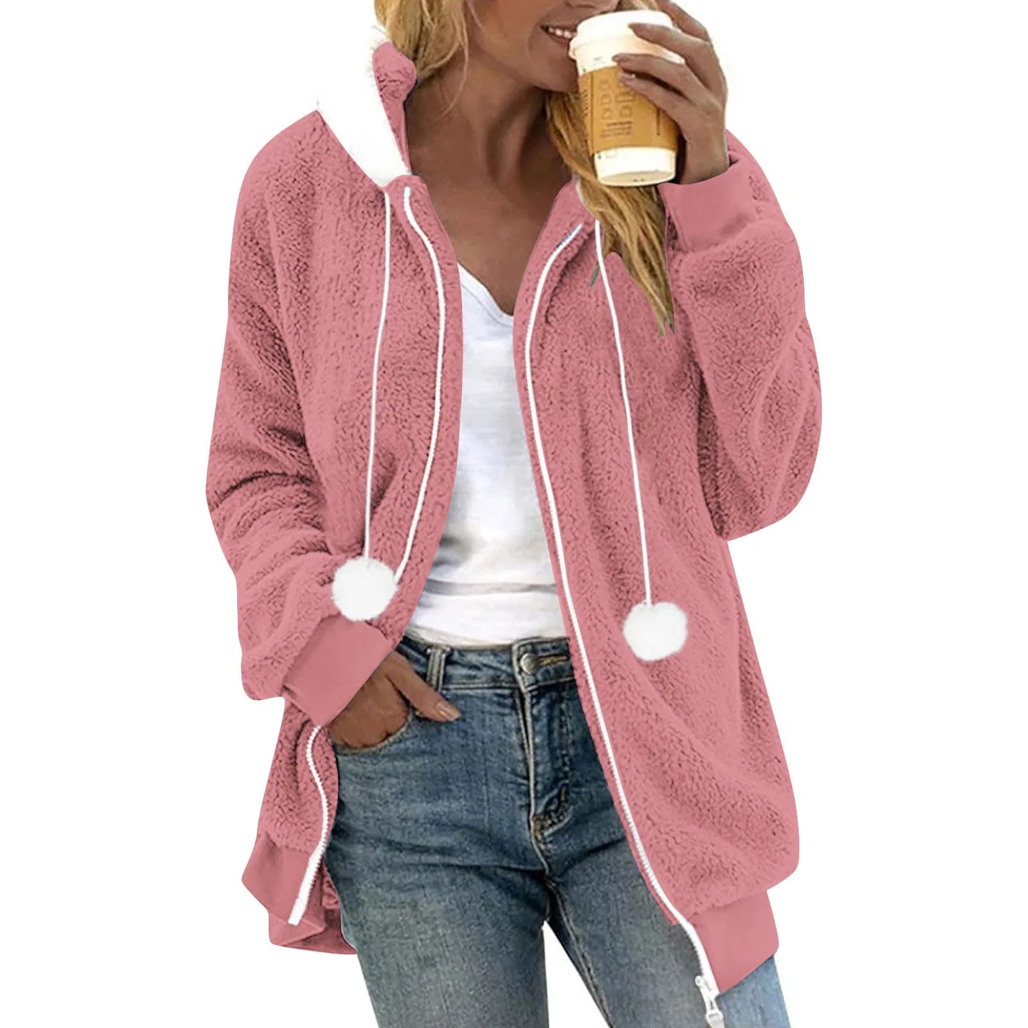 Женское утепленное худи с капюшоном Oversized Jackets Women Fleece Full Zip Hooded Jacket, Rosa