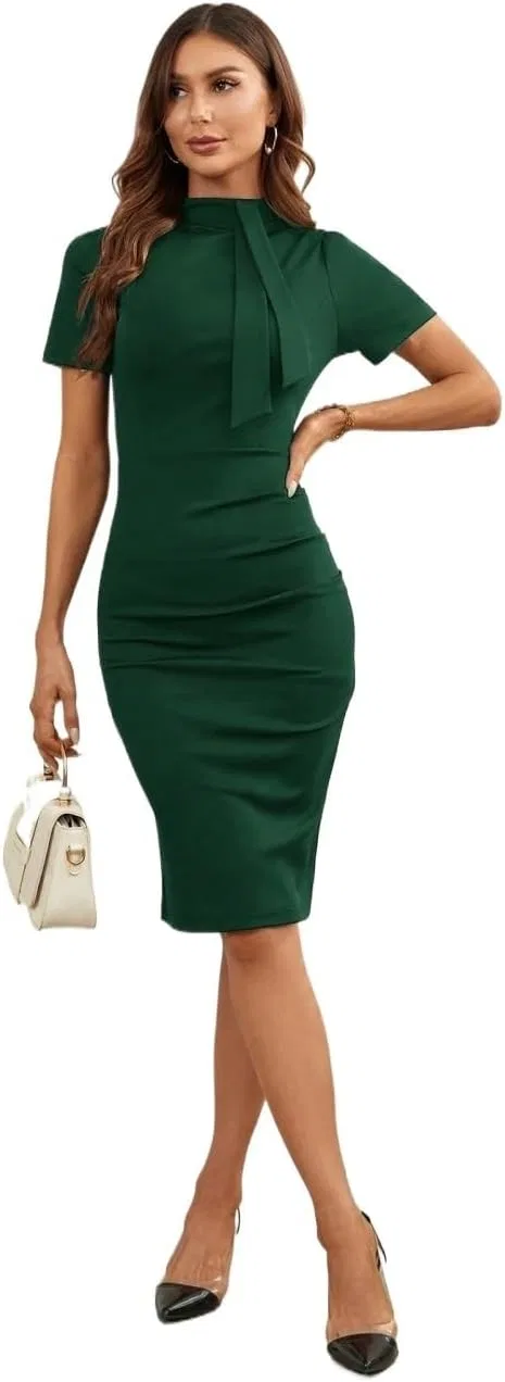 Женское миди-платье с воротником-стойкой Casual Midi Dress, Dark Green