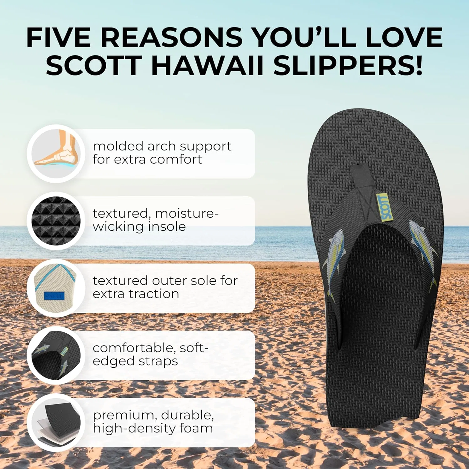 Мужские сандалии Scott Hawaii Hokulea, трубчатый нейлоновый ремешок, плотно прилегает к коже, формованный внешний материал с поддержкой свода стопы и пяточной чашкой, износостойкие, нескользящие, темно-синего цвета — фото 2