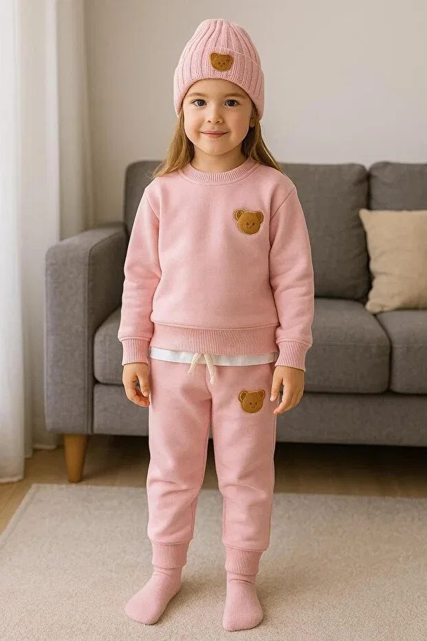 Детский комплект из футера с вышивкой Teddy pink Şapkakids, Pink — фото 3