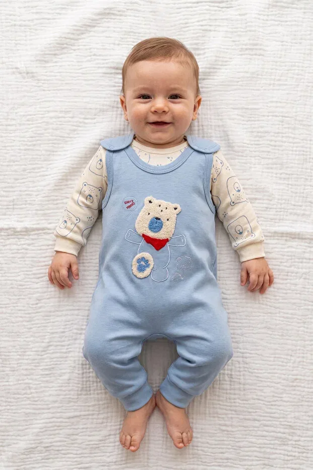 Детский комбинезон для мальчиков с принтом Teddy Bear Figured Snap-On Jumpsuit and Patterned Badi 2-Piece Salopet Set Cekic Kids, Blue