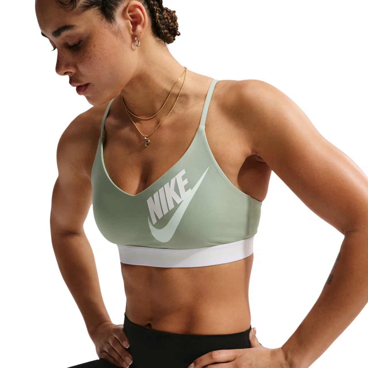 Женский спортивный бюстгальтер Indy Logo Bra Nike, цвет White/Barely Green/Steam