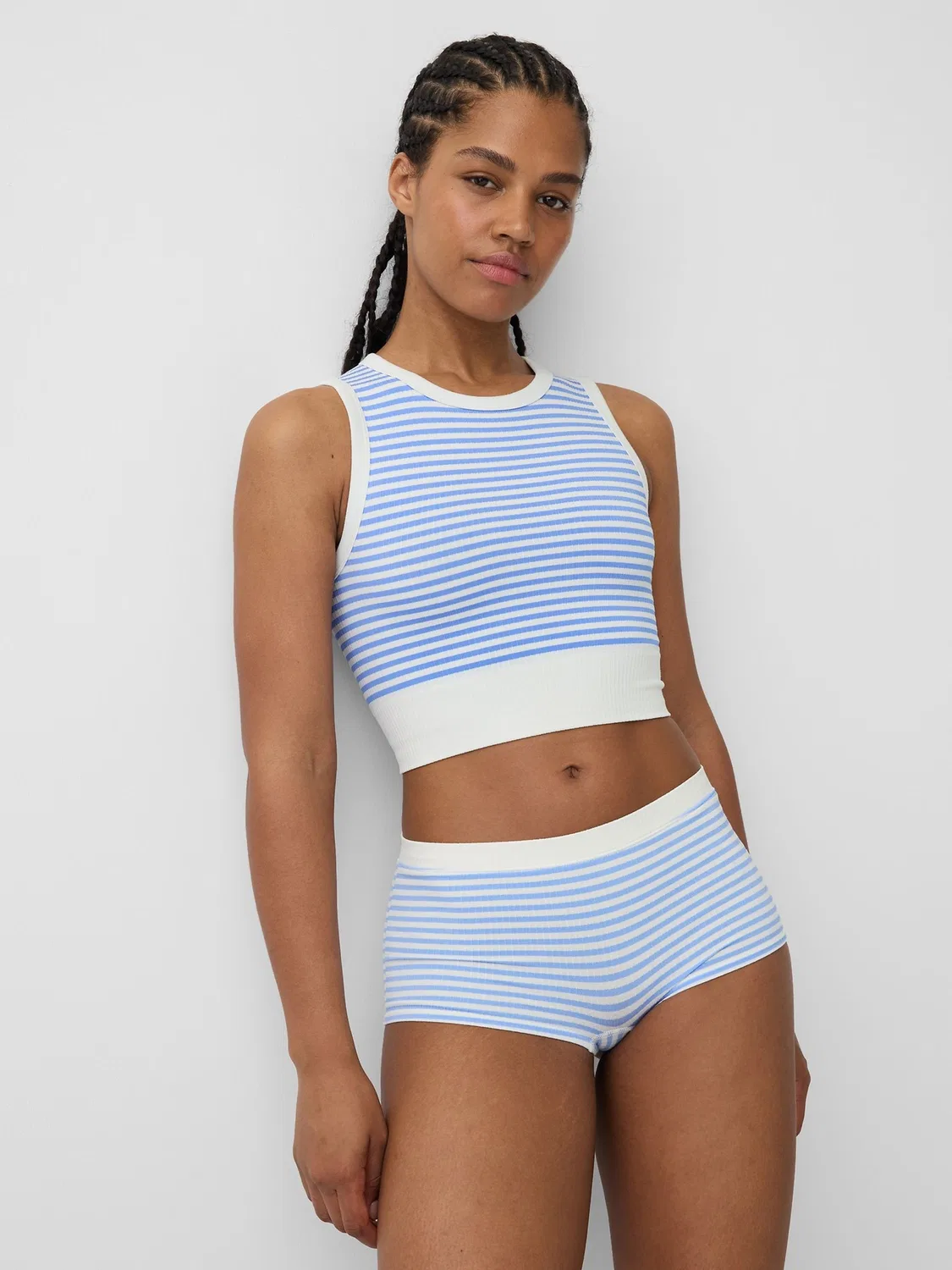 Топ майка-безрукавка Gap Seamless Rib Crop, Blue Stripe — фото 2