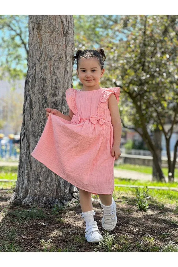 Детское платье для девочек с бантом Muslin Dress Pollito, Salmon