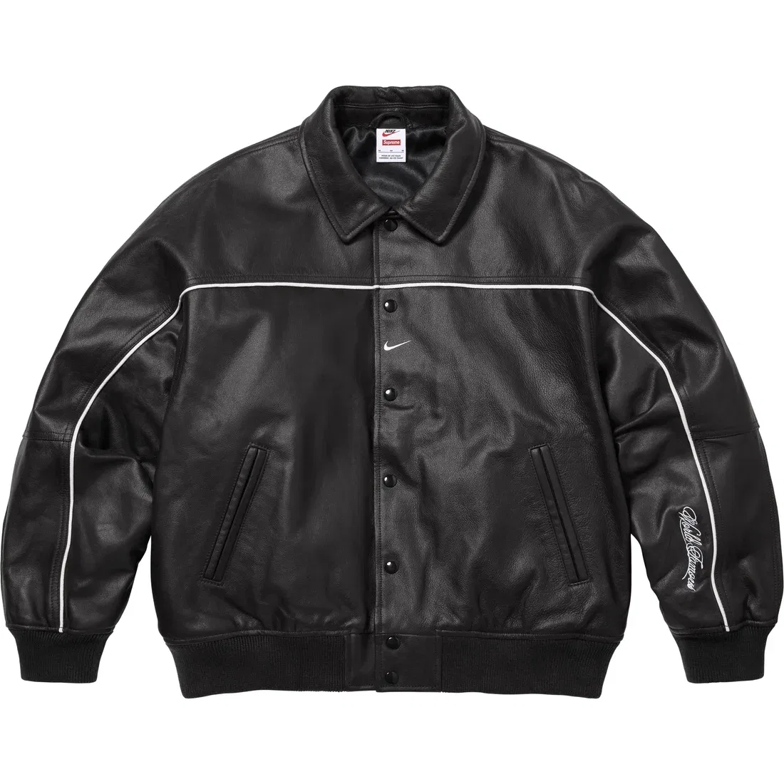 Женская куртка-бомбер с кожаными рукавами Supreme Nike Leather Varsity Jacket, Ivory White/Ivory White — фото 3