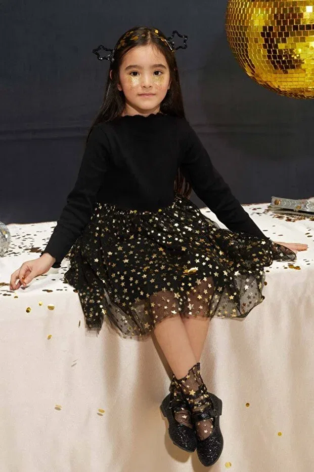 Детское платье для девочек с принтом Black Star Printed Tulle Skirt Girls' Dress Le Mabelle, Black — фото 3