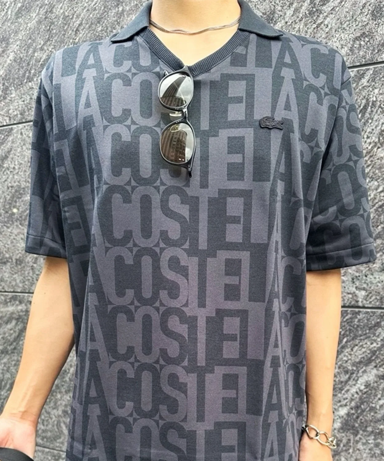 Мужская поло с принтом, скиппер-воротник LACOSTE, Black