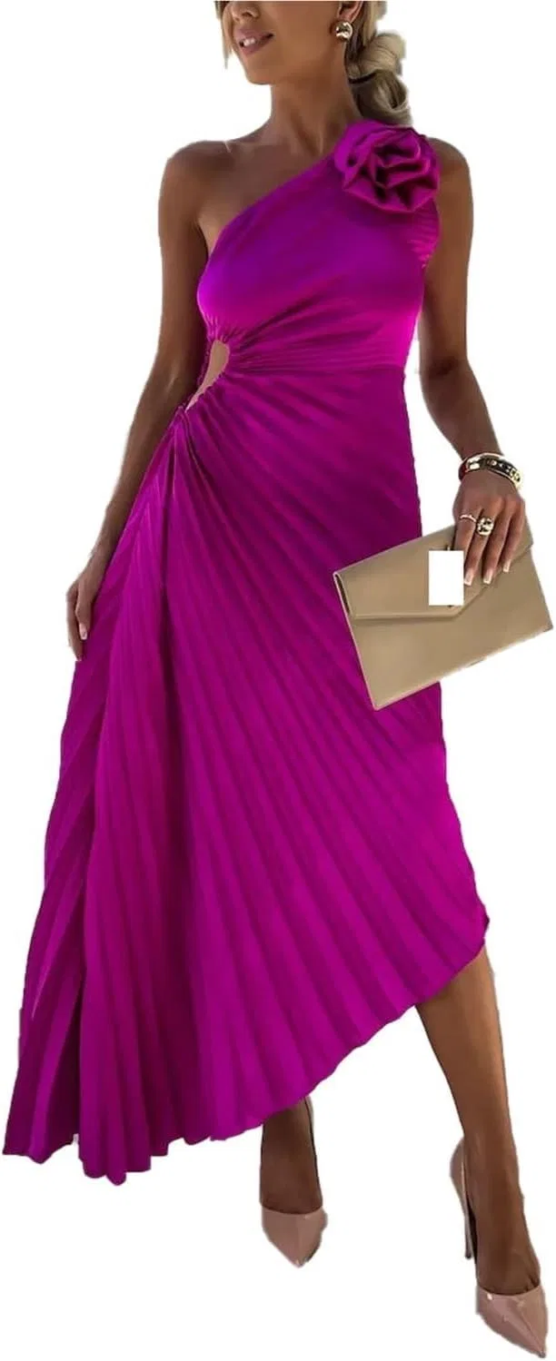 Женское коктейльное платье с одним плечом сатиновое, Purple