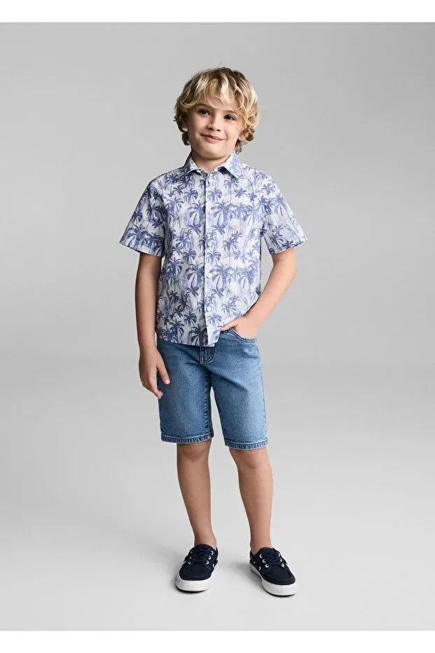 Детская рубашка для мальчиков с коротким рукавом Palm tree patterned shirt Mango Kids, China Blue — фото 2
